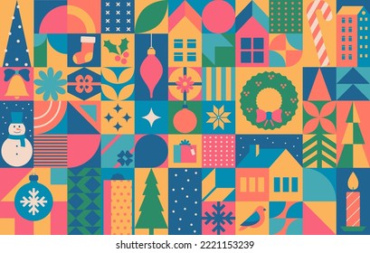 Christmas and New Year winter vector flat ornamental design. Winter tile pattern. Christmas symbols. Colorful holiday geometric background for postcard, ornate or print for fabric.