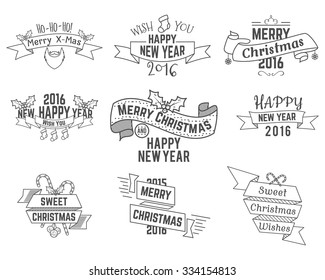 Christmas, New Year and Winter wishes ribbons collection with holiday symbols, elements for web, inspiration presentation, app etc. Stylish monochrome design. Vector illustration