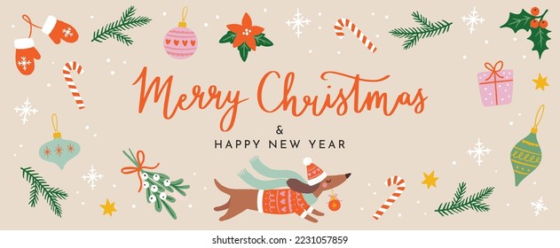 Christmas And New Year Wishes. Holiday Banner Vector Design. Hand Drawn Elements And Handwritten Calligraphy On Beige Background. 