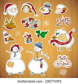 Christmas and new year wood background with paper sticker set