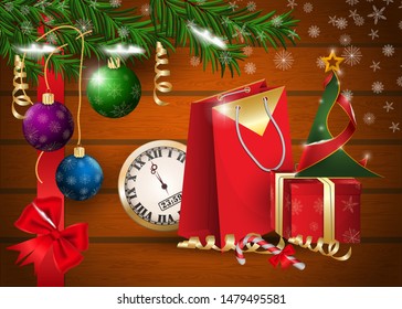 Christmas and new year wooden background with fir branches and balls for design and decoration vector EPS 10