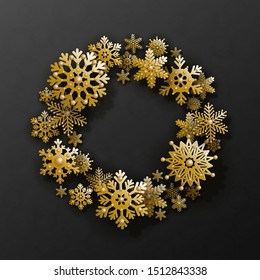 Christmas and New Year wreath with 3d golden snowflakes and space for text on black background. Elegant design in papercut style. Vector illustration