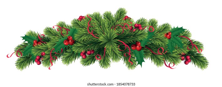 Christmas and New Year wreath garland made of naturalistic looking pine branches with red berries and cones. Vector concept for web site, Christmas card and landing page,