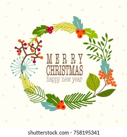  Christmas and new year wreath greeting card with snowflake, branch and  mistletoe