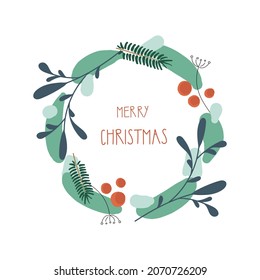 Christmas and New Year wreath with hand drawn text Merry Christmas, Hapy New Year. Pine wreath. Decorative element.