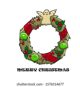 Christmas and New Year wreath with holly, stars, angel, candies,lollipops, cones, christmas ball, berries. Vector illustration.