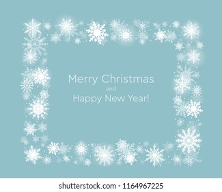 Christmas or New Year wreath made of shining snowflakes. Celebration border frame decoration with snowflakes. Greeting card with a festive wreath. Invitation - banner, poster, background.