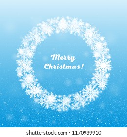Christmas or New Year wreath made of shining snowflakes. Celebration border frame decoration with snowflakes. Greeting card with a festive wreath. Invitation - banner, poster, background.