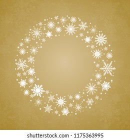 Christmas or New Year wreath made of shining snowflakes. Celebration border frame decoration with snowflakes. Greeting card with a festive wreath. Invitation - banner, poster, background.