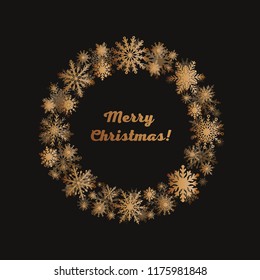 Christmas, New Year wreath made of shining gold snowflakes. Celebration border frame decoration with snowflakes. Greeting card with a festive wreath. Invitation - banner, poster, background.