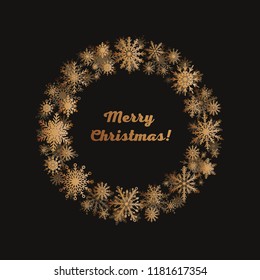 Christmas, New Year wreath made of shining gold snowflakes. Celebration border frame decoration with snowflakes. Greeting card with a festive wreath. Invitation - banner, poster, background.