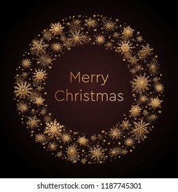 Christmas, New Year wreath made of shining gold snowflakes. Celebration border frame decoration with snowflakes. Greeting card with a festive wreath. Invitation - banner, poster, background.
