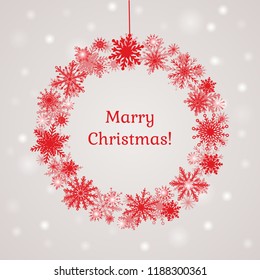 Christmas or New Year wreath made of shining snowflakes. Celebration border frame decoration with snowflakes. Greeting card with a festive wreath. Invitation - banner, poster, background.