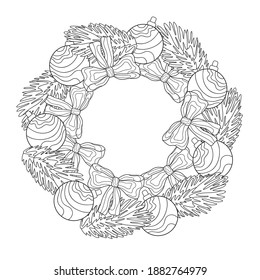 Christmas And New Year Wreath On White Isolated Background. Fir Branch, Bow And Ball. Doodle Winter Illustration. For Coloring Book Pages, Card.