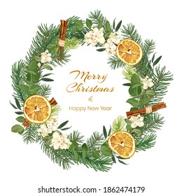 Christmas and New Year wreath with spruce branches, eucalyptus, snowberry, dried oranges and cinnamon. Holiday greeting card. Stock Vector illustration isolated on a white background.