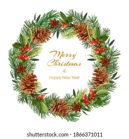 Christmas and New Year wreath with spruce branches, pine cones, red berries and anise stars. Holiday greeting card. Stock Vector illustration isolated on a white background.