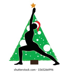 Christmas new year yoga asana on the background of the Christmas tree in the Santa Claus hat.  vector illustration for banner, poster, postcard, invitation to the yoga party, advertising leaflet, book