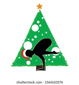 Christmas new year yoga asana on the background of the Christmas tree in the Santa Claus hat.  vector illustration for banner, poster, postcard, invitation to the yoga party, advertising leaflet, book