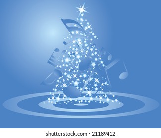 Christmas (New Year)greeting postcard with musical staff. Vector background.