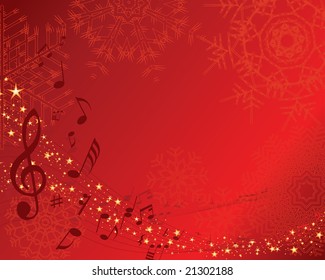 Christmas (New Year)greeting postcard with musical staff. Vector background.