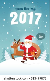 Christmas and New Year's 2017 card Santa Claus and reindeer running on snow. Cartoon Vector Illustration