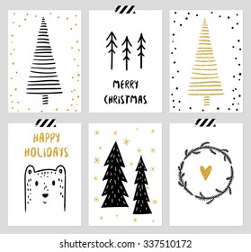 Christmas and New Year's 6 Cards Collection. Set of Winter Holiday card templates. Christmas Posters set. Vector illustration. Template for Greeting Scrapbooking, Congratulations, Invitations, Tags.