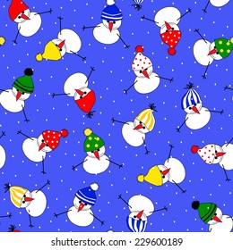 Christmas and New Year's background with the amusing snowmen dressed in bright caps. Vector seamless illustration.