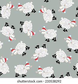 Christmas and New Year's background with the amusing sheep dressed in bright hats. Vector seamless illustration.