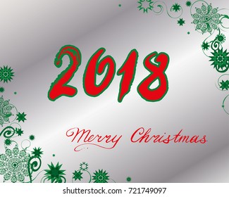 Christmas and New Years background with green snowflakes and stars on silver background. A 2018 Merry Christmas greeting card