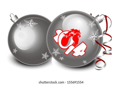 Christmas and New Year's background image of silver Christmas balls with silver ribbon curl