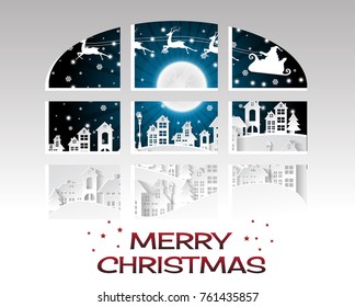 Christmas and New Years background with santa claus and village Landscape in window