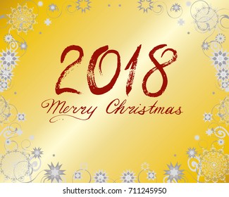 Christmas and New Years background with silver snowflakes and stars on golden background. A 2018 Merry Christmas greeting card