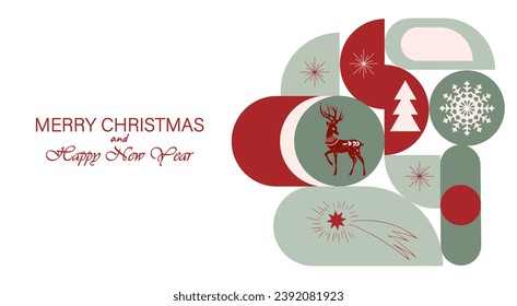 Weihnachten und Neujahr Hintergrund einfacher geometrischer Formen mit Weihnachtsbäumen, Schneeflocken, Hirsch, Eule, Stern im skandinavischen Stil. Vorlage, Grußhintergrund, Postkarte für Druck und Web.