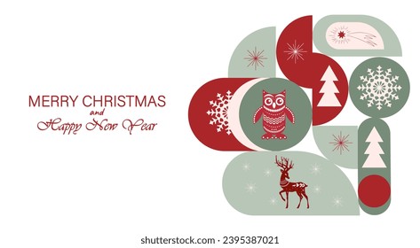 Christmas and New Year's background of simple geometric shapes with Christmas trees, snowflakes, deer, owl, star in Scandinavian style. Template, greeting background, postcard for print and web.