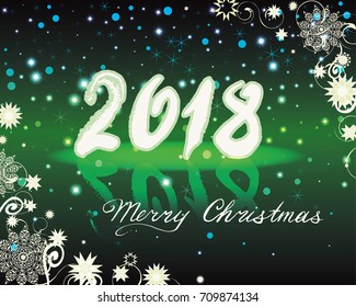Christmas and New Years background with snowflakes, magic lights and stars on dark green background. A 2018 Merry Christmas greeting card