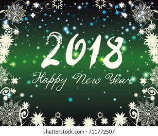 Christmas and New Years background with snowflakes, magic lights and stars on dark green background. A 2018 Happy New Year banner