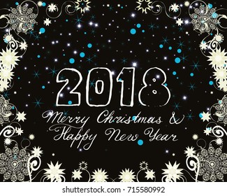 Christmas and New Years background with snowflakes, magic lights and stars isolated on black. A 2018 Merry Christmas and Happy New Year card