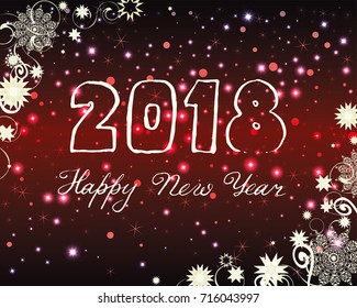 Christmas and New Years background with snowflakes, magic lights and stars on dark red background. A 2018 Happy New Year banner