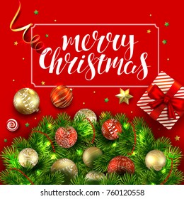 Christmas and New Years background. Vector card with realistic fir tree, balls, gift box and decorations. 3D. Handwritten calligraphy inscription in frame.