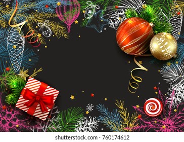 Christmas and New Years background. Vector card with realistic fir tree, balls and hand drawn conifers branches. 3D. Sketch vintage illustration on the blackboard. Frame.