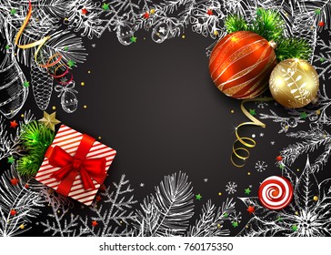 Christmas and New Years background. Vector card with realistic fir tree, balls, gift box and hand drawn conifers branches. 3D. Sketch vintage illustration.