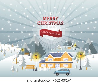 Christmas and New Years background with Christmas village Landscape