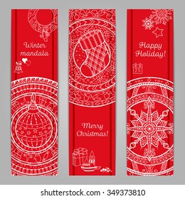 Christmas and New Year's banners with beautiful hand drawn mandalas. Ethnic pattern in circle with snowflake, Christmas ball and sock.