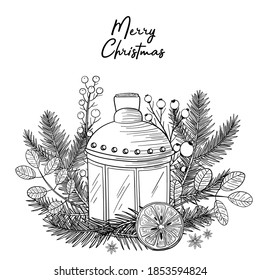 Christmas and New Years black and white decor poster.Needles, a branch, a berry, an orange, a lemon, a lamp, a candlestick. Merry Christmas lettering. Isolated vector illustrations on white background