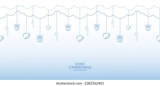 Christmas, New Year's border, with linear blue sweets, heart, Christmas balls. Design of packaging, postcards, printing on wallpaper, bags, clothes, backgrounds, web