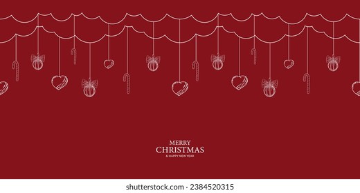 Christmas, New Year's border, with linear white sweets, heart, Christmas balls on a red background. Design of packaging, postcards, printing on wallpaper, bags, clothes, backgrounds, web