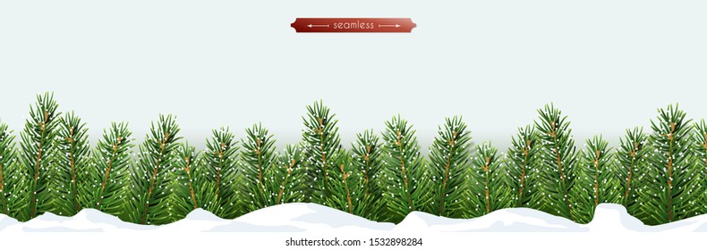 Christmas And New Year's Bottom Seamless Horizontal Border With Xmas Tree Branches In The Snow. Isolated Vector Object For Holiday Design On A Transparent Background