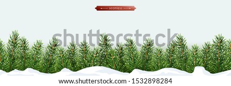 Christmas and New Year's bottom seamless horizontal border with xmas tree branches in the snow. Isolated vector object for holiday design on a transparent background