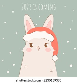 Christmas and New Years card 2023 is coming with a rabbit in a Christmas hat and snow. Vector flat illustration