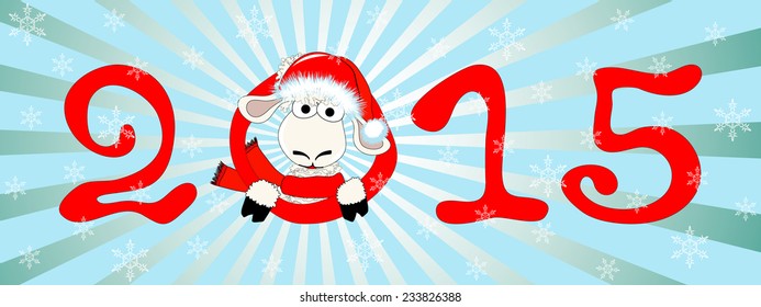 Christmas and New Year's card with an amusing sheep and original figures. Chinese astrological sign. Symbol 2015 year. Vector illustration.